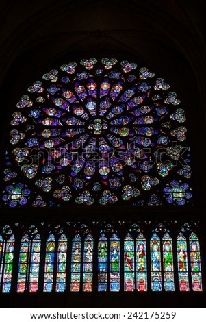 Paris, France - September 9, 2014: Paris, Notre Dame Cathedral. South transept rose window. UNESCO World Heritage Site. Paris, France