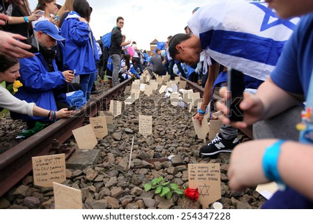AUSCHWITZ, POLAND - APRIL 24, 2014: Auschwitz - The next generation of Tourists from Israel are visiting german Concentration Camp in Auschwitz Birkenau.Poland