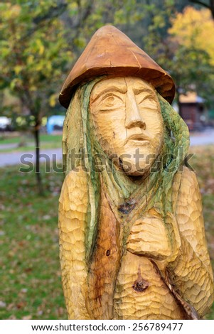 WISLA, POLAND - OCTOBER 15, 2014 : Fairy-like wooden figures from primaeval Slawic tales by Grzegorz Michalek