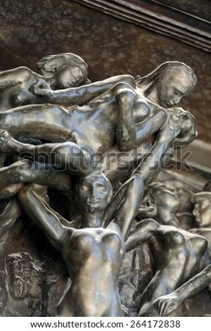 PARIS, FRANCE - SEPTEMBER 12, 2014: Museum Rodin. The Gates of Hell is a monumental sculptural group work by Rodin that depicts a scene from \