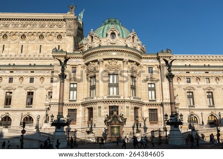 PARIS, FRANCE - SEPTEMBER 10, 2014: The Paris Opera or Garnier Palace.France.  Opera House placed in Place de L\'Opera. Designed by Charles Garnier in 1875. Neo Baroque Style.