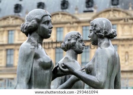 PARIS, FRANCE - SEPTEMBER 11, 2014: Paris -  Bronze sculpture The Three Nymphs  by Aristide Maillol in Tuileries garden