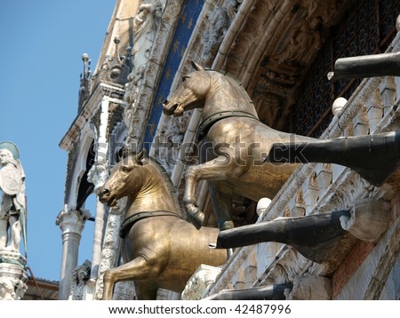 Venice - The Basilica of St Mark\'s,  The Triumphal Quadriga or Horses of Saint Mark is a set of Roman or Greek bronze statues of four horses.