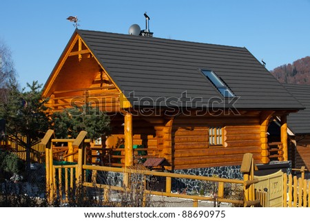 wooden cottage on the lake in an autumn landscape