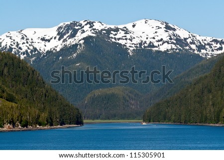 Snow capped mountains and thick forest line the inlet of the Inside Passage in Alaska