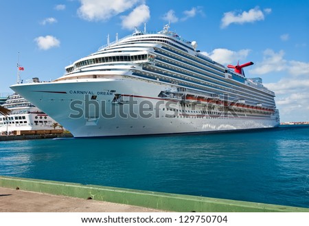 Nassau, Bahamas - Jan. 13: Carnival Dream Docked In The Port Of The Bahamas On Jan. 13, 2013. At 130,000 Tons, The Ship Is The Largest To Date For Carnival Cruise Lines.