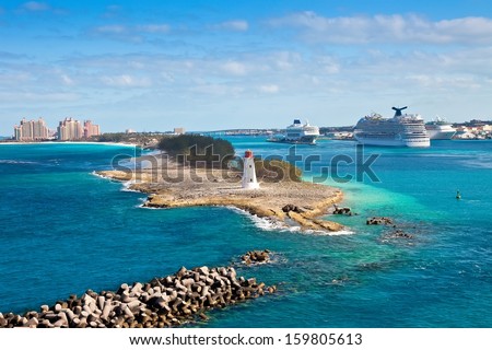 Nassau, Bahamas - Jan. 13: Scenic View Of The Lighthouse, Cruise Port And Luxury Resort In The Bahamas On On Jan. 13, 2013. Nassau, In The Bahamas, Is One Of The Most Popular Tourist Destination.