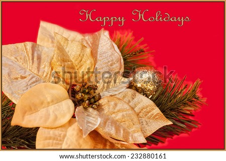 A Happy Holidays greeting card with silk gold poinsettia and text