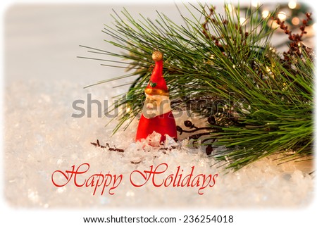 Happy Holidays card with text, Santa Claus and evergreen
