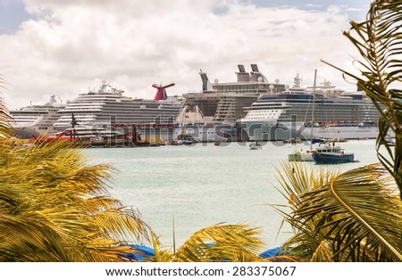 PHILIPSBURG, ST. MAARTEN - JAN. 19, 2011:  Numerous cruise ships anchored in the Port of St. Maarten, a popular cruise destination for cruise ships in the Caribbean.