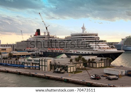 PORT EVERGLADES, FLORIDA -  JANUARY 16:  Her Royal Majestry's, the Queen Elizabeth by Cunard Lines, anchored and set to voyage at Port Everglades in Ft. Lauderdale, Florida on January 16, 2011.