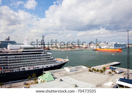 PORT EVERGLADES, FLORIDA -  JANUARY 16:  Her Royal Majestry\'s, the Queen Elizabeth by Cunard Lines, anchored and set to voyage at Port Everglades in Ft. Lauderdale, Florida on January 16, 2011.