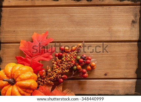 Autumn decorated wooden background, room for text.