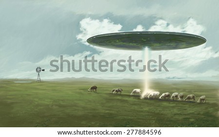 A ufo above a pasture is abducting a sheep