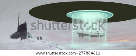 A ufo above arctic sea is rending a submarine to a navy submarine seventy years after