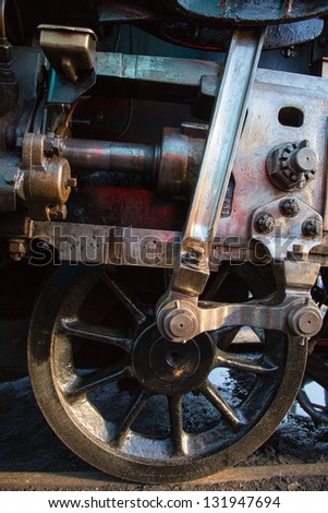 Close up of steam train piston and rod mechanism