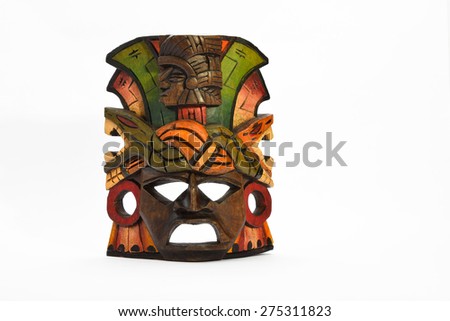 Indian Mayan Aztec wooden mask with anaconda and jaguar isolated on white background (presentation layout)