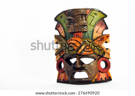 Indian Mayan Aztec wooden mask with anaconda and jaguar isolated on white background (almost front angle, full face, 10-15 degrees, horisontal take for presentation layout)