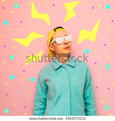 stylish and fashionable guy wearing sunglasses and a coat. crazy surreal art collage in the style of 80s