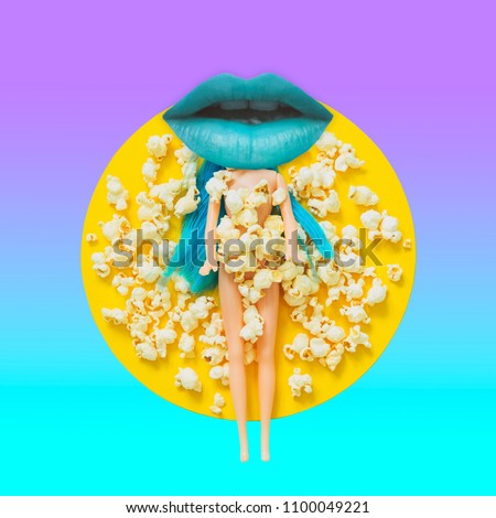Blue women\'s lip instead of a head of the doll among the popcorn.  Contemporary art collage. Concept of memphis style posters. Abstract surrealism and minimalism