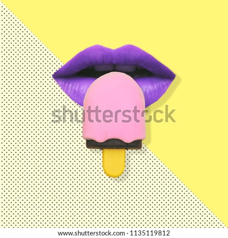 Contemporary art collage of ice cream on purple lips. fashion food