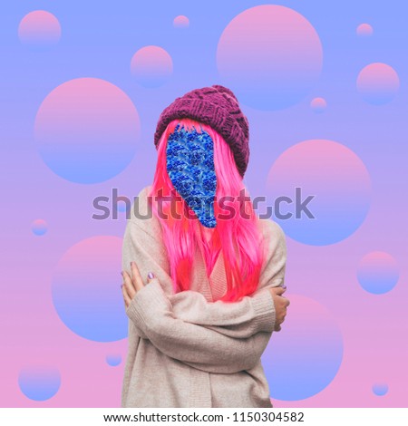 The girl with pink hair and floral pattern instead of a face in the background of bubbles. Contemporary art collage. Concept of memphis style posters. Abstract minimalism