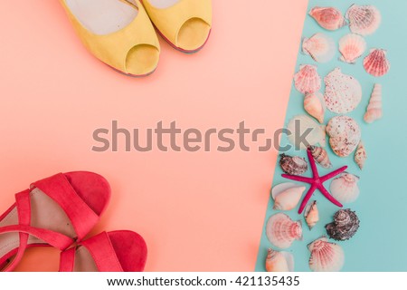 Summer Sandals and seashells on pastel backgrounds. Fashion style Minimalism Set. Flat lay, Top view.
