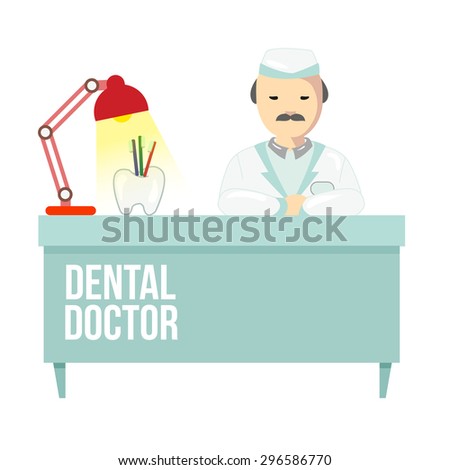 Dentist in dental clinic. The doctor is sitting at the table. Dental office vector illustration.