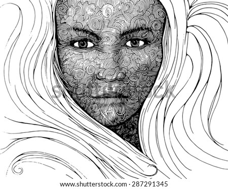 Girl face black and white curves drawing