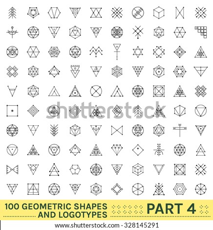 Set of 100 geometric shapes. Trendy hipster icons and logotypes. Religion, philosophy, spirituality, occultism symbols collection