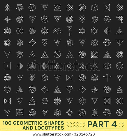 Set of 100 geometric shapes. Trendy hipster icons and logotypes. Religion, philosophy, spirituality, occultism symbols collection