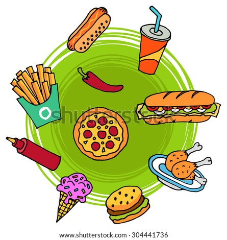 Doodle style set of fast food like pizza, hamburger, cola, ice cream, hot dog, french fries, chicken legs etc