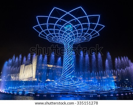 MILAN, OCTOBER 31, 2015: The tree of life (symbol of Expo Milan 2015) during night water-play show in the last day of Expo Milan 2015
