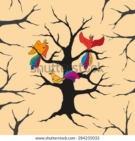Three exotic birds on bare tree in forest as a metaphor of hope that helps in overcoming hardships