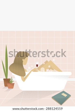Retro Vintage Style Illustration of woman drinking wine in bath