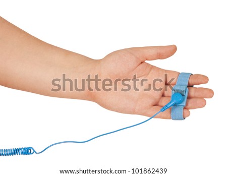 Antistatic Wrist Strap On Man Hand Isolated On White Background. An 