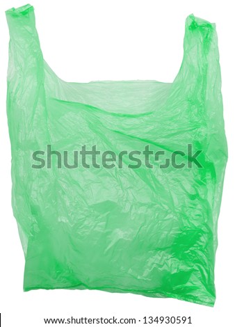 Green plastic bag empty. Object is isolated on white background without shadows.