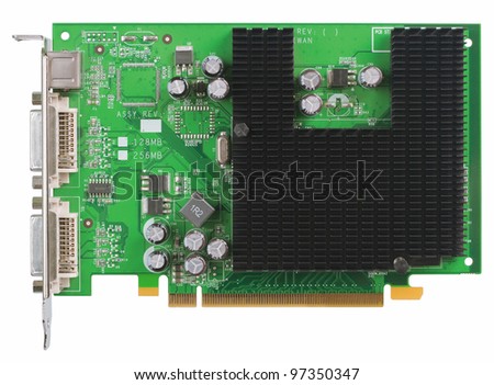 Old  video card with passive cooling. Interface PCI Express. Object is isolated on white background without shadows