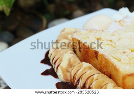 Honey toast on white dish at cake shop