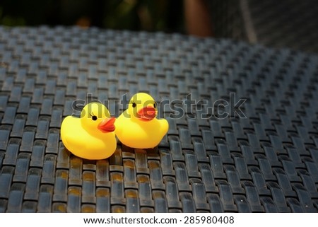 Yellow rubber duck on a background of black wooden.