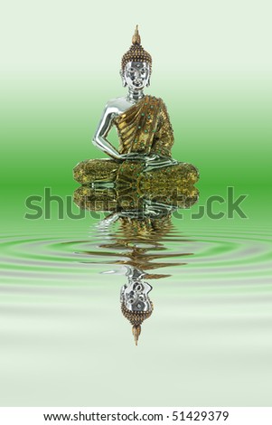 Buddha statue with reflections in the water. Meditation.