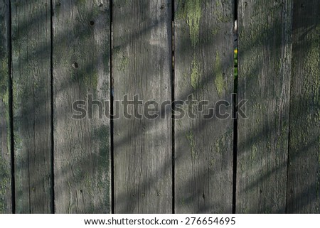 Old wooden fence. Wooden Palisade background. Palisade of grey and green wooden fence panels. Old wooden fence. wood texture background.