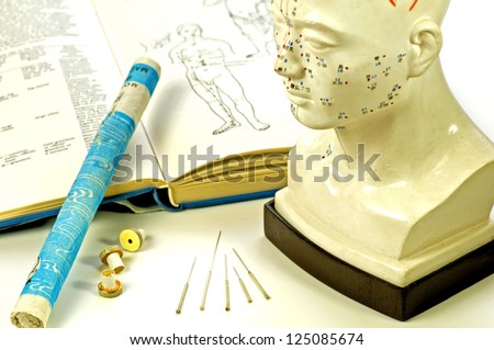 Acupuncture needles, head model, textbook and moxa roll