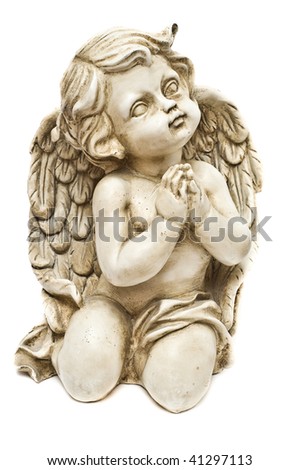 stock photo Clay angel praying towards God isolated on white