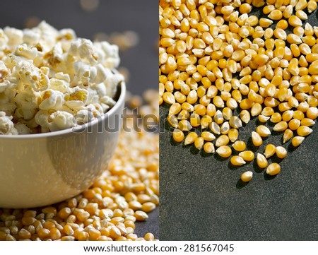 Popcorn in bowl with corn kernels ready for popping on a dark background