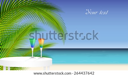 Tropical trip concept. ocean and palm tree landscape with two cocktails