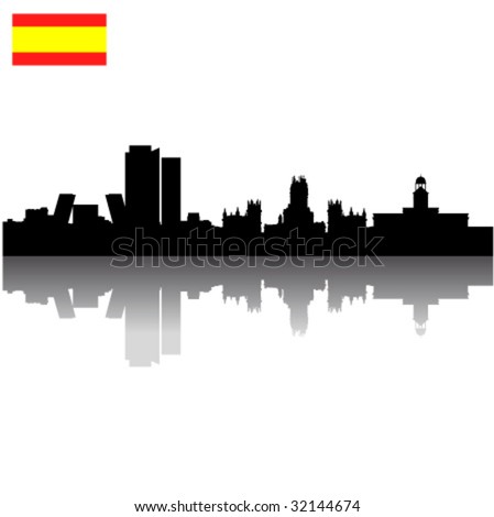 stock vector : Black vector Madrid silhouette skyline with Spain flag
