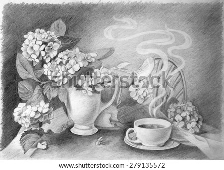 Pencil drawing of still life cup of hot coffee and flower in vase on table in cafe