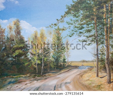 Summer landscape sandy road in forest on green meadow. Family in forest for walk. Oil painting illustration
