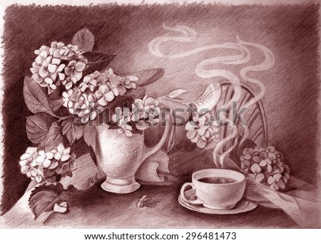 Pencil drawing of still life cup of hot coffee and flower in vase on table in cafe